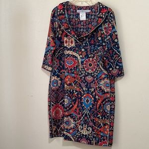 Gretchen Scott Floral Dress Women Short Sleeve L Stand Up Ruffle Neck